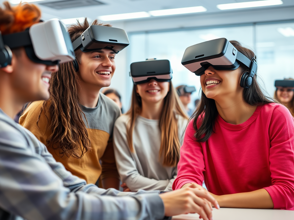 A group of young people wearing virtual reality headsets smiles and engages with each other in a classroom setting.