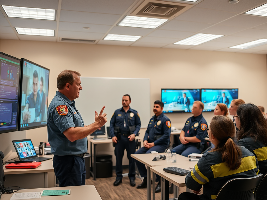 A group of officers listen attentively as a instructor speaks in a training room with multiple screens.