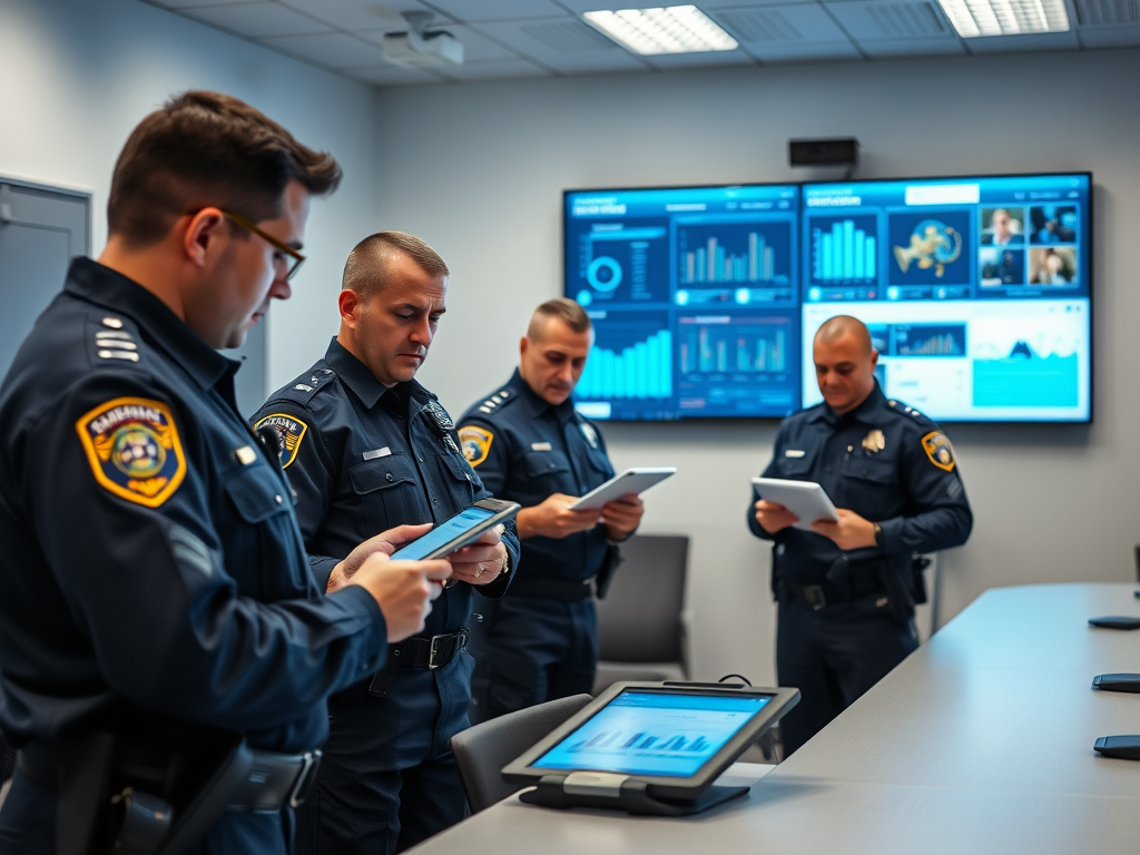 Four police officers in a conference room, focused on tablets and analyzing data displayed on screens.