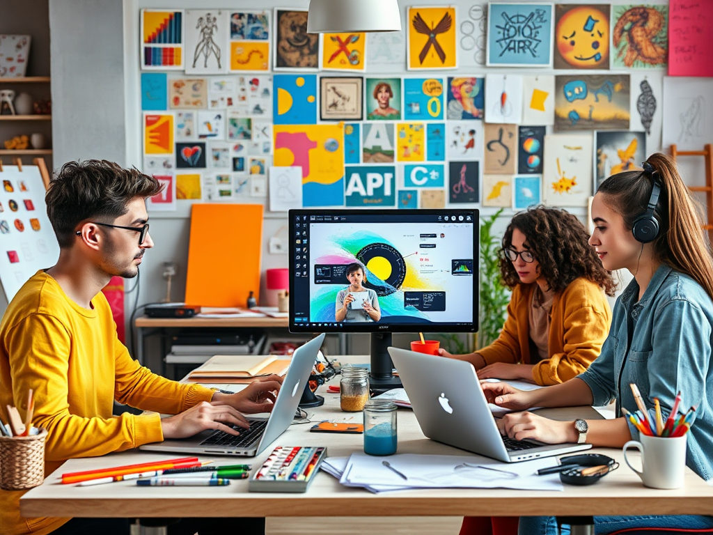 A creative workspace with three people working on laptops, surrounded by colorful artworks and design posters.