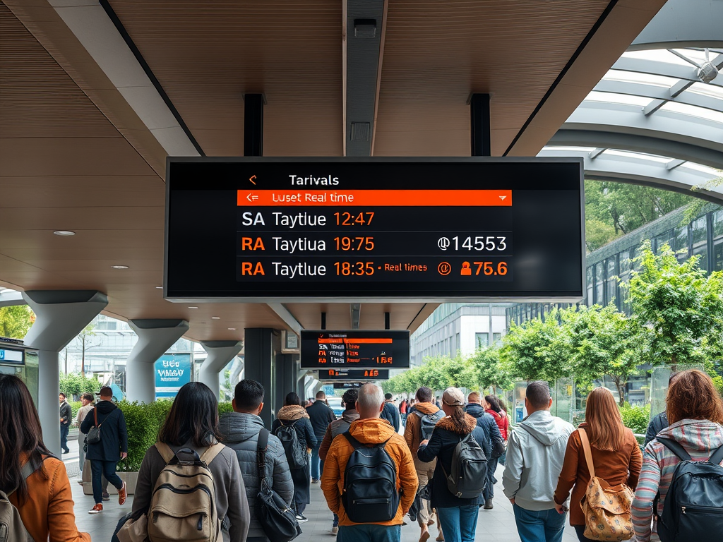 Display board showing train arrivals with times and destinations in a busy station, travelers waiting below.