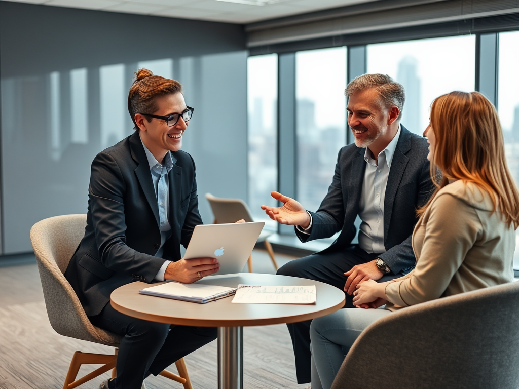 Three professionals engage in a discussion around a table, smiling and sharing ideas in a modern office setting.