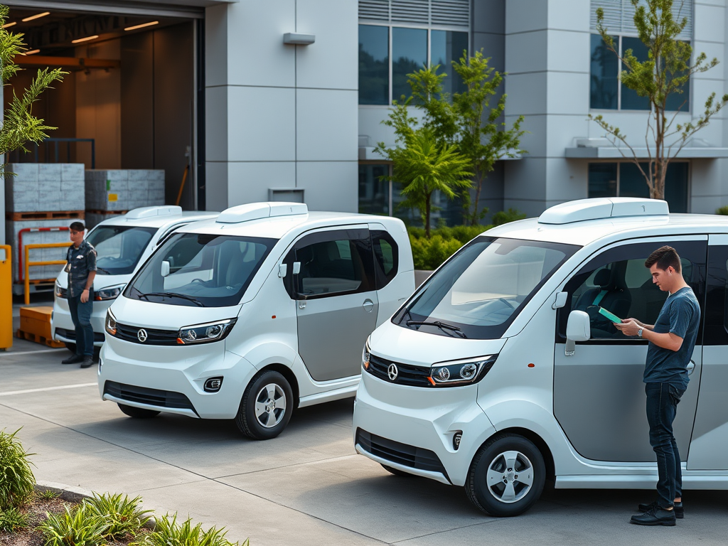 A man checks a tablet next to small white delivery vehicles outside a modern building with greenery nearby.