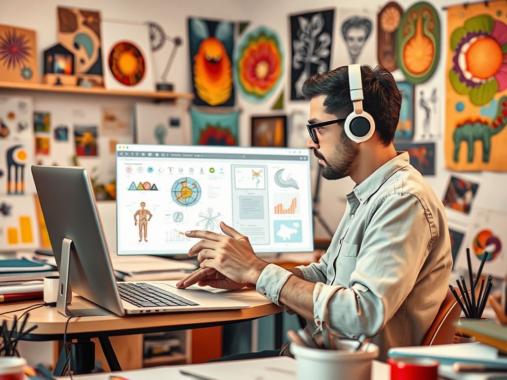 A man wearing headphones works on a laptop, analyzing data in a colorful, artsy workspace filled with artworks.