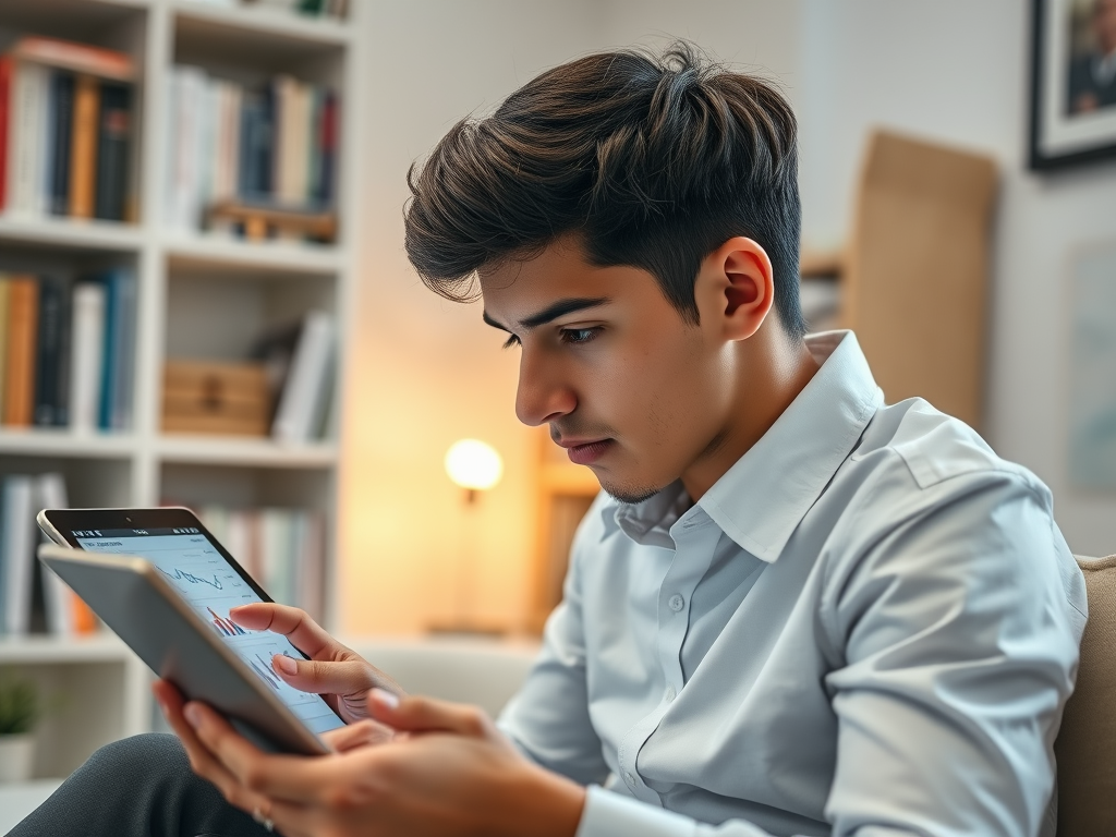 A young man in a white shirt focuses intently on a tablet displaying graphs in a cozy, well-lit room.