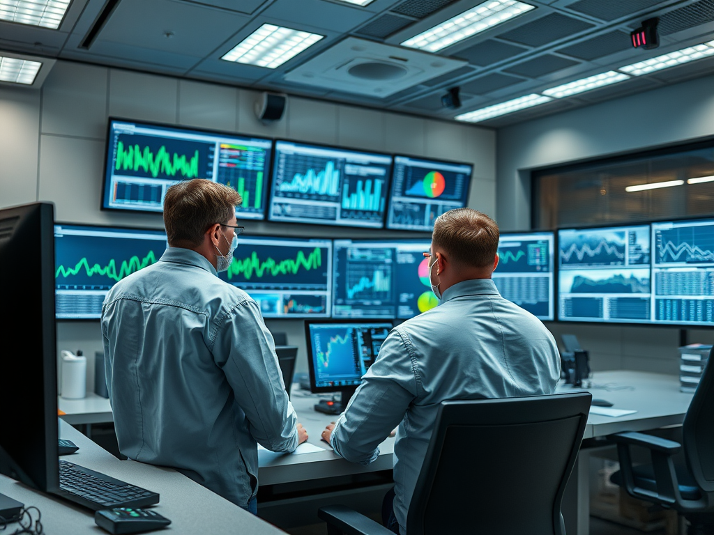 Two professionals in light blue shirts analyze data on multiple monitors in a high-tech office environment.