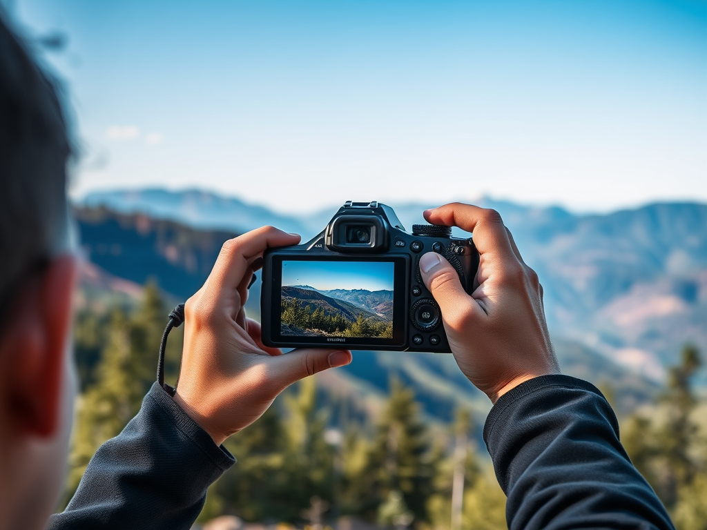 A person holds a camera, capturing a scenic mountain view under a clear blue sky.