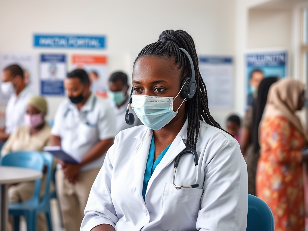 A healthcare worker in a mask and headset, focused, with patients and staff in the background of a hospital setting.