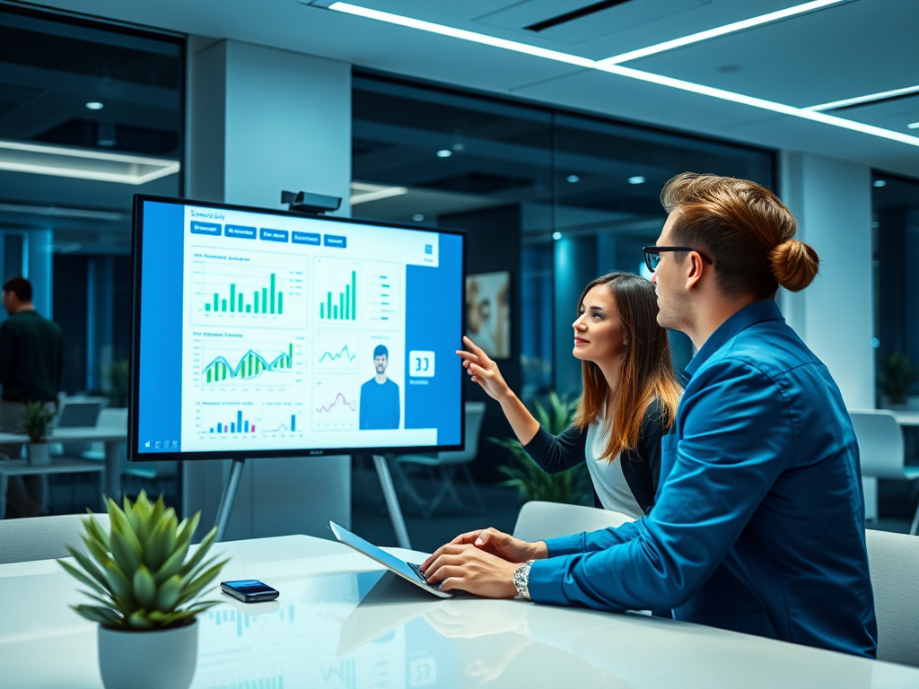 Two professionals discuss data displayed on a screen in a modern office, with graphs and charts visible.