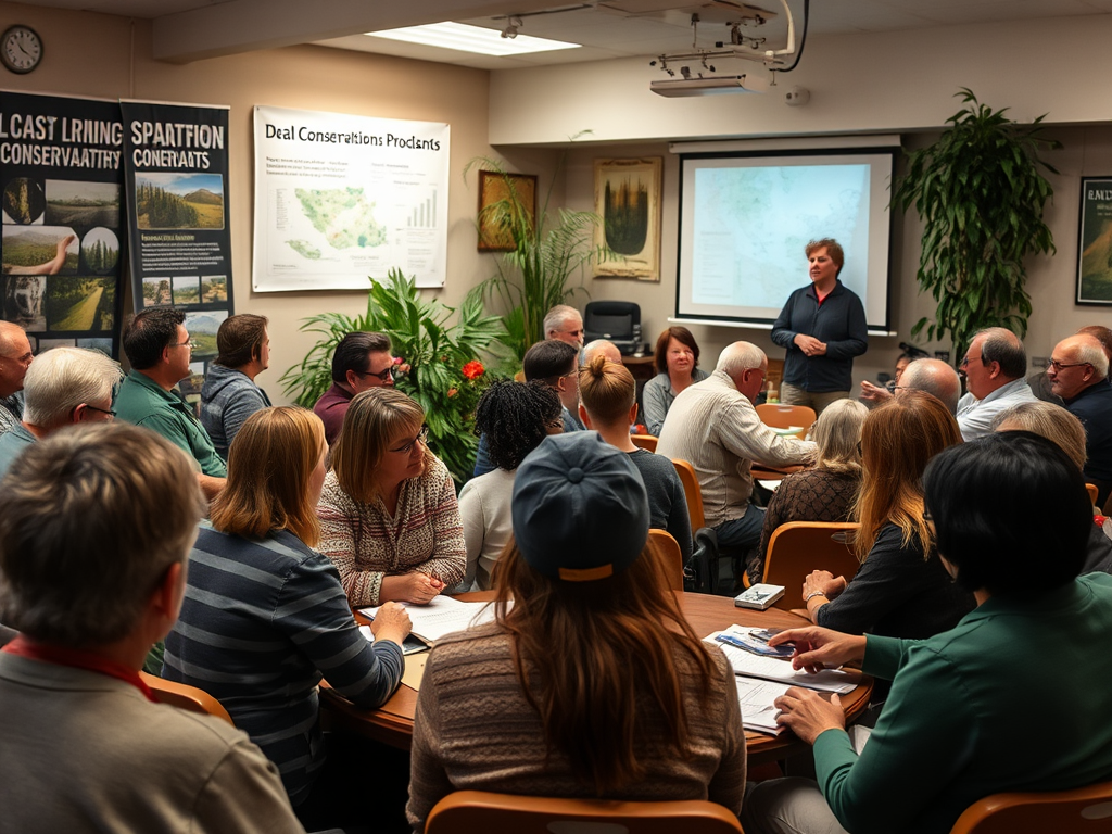 A group of people gathered in a meeting room attentively listening to a speaker in front of a presentation screen.