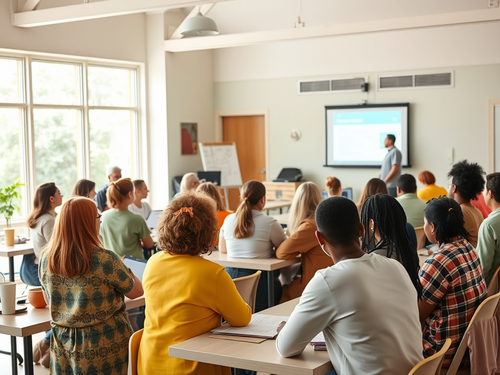 A diverse group of individuals attentively listens to a presenter in a bright classroom setting.