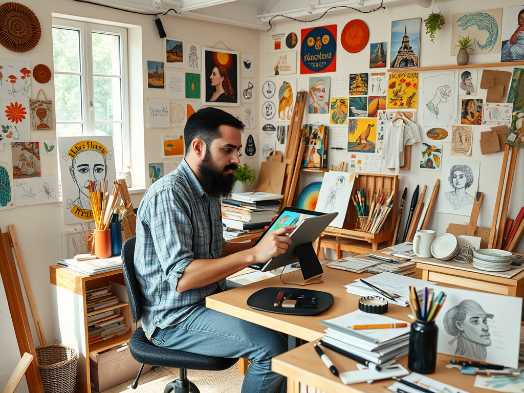 A man sits at a cluttered art desk, working on a tablet surrounded by colorful artwork and art supplies on the walls.