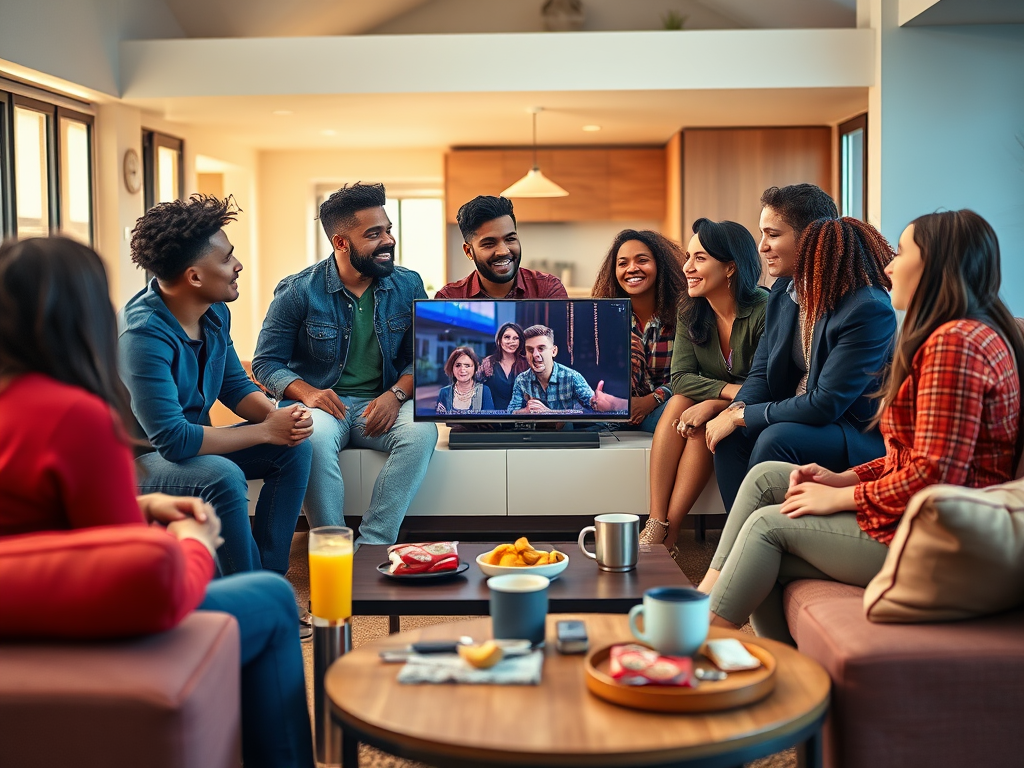 A group of friends enjoying a lively discussion while watching a show together on a TV in a cozy living room.