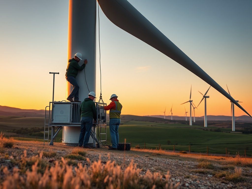 Technicians work on a wind turbine at sunset, with multiple wind turbines visible in the background.