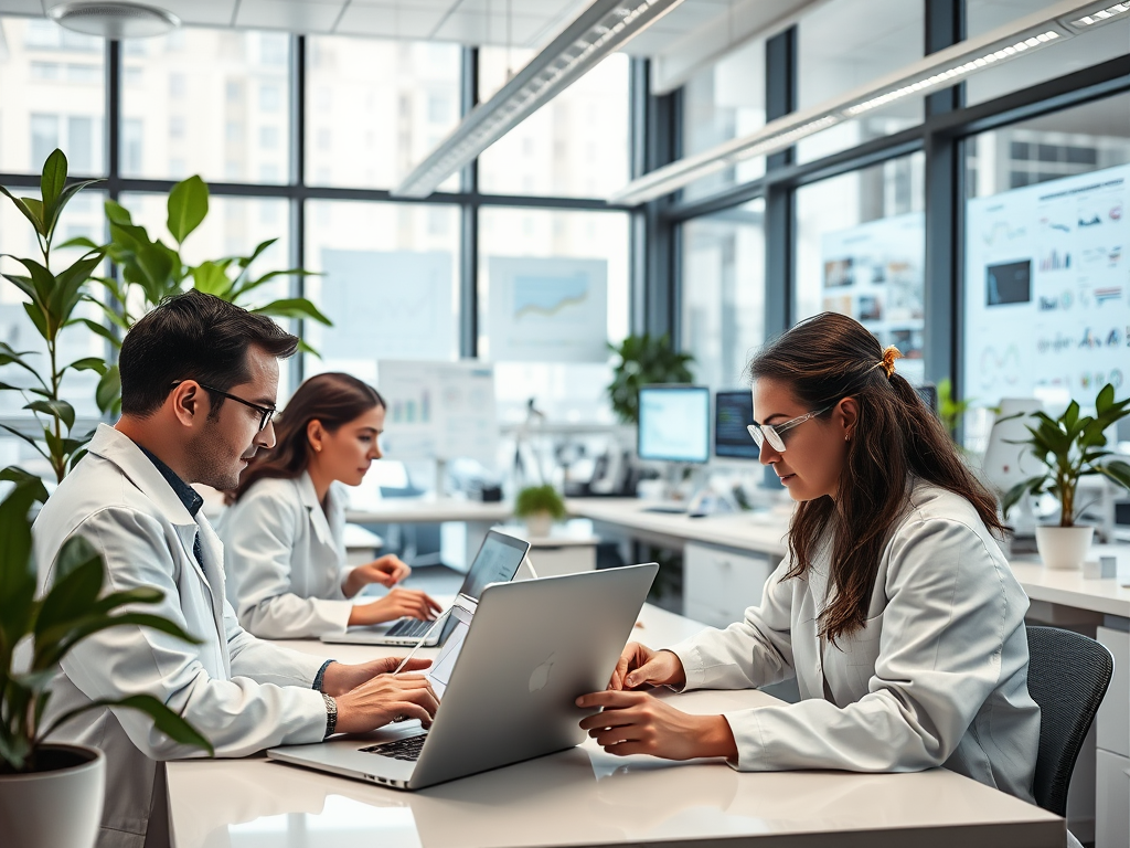 Three professionals in lab coats are working on laptops in a bright office surrounded by plants and data displays.