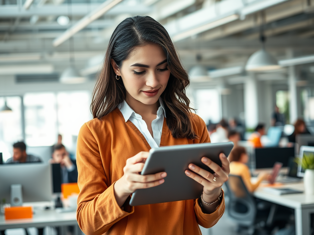 A young woman in an orange sweater is focused on a tablet in a busy office setting.